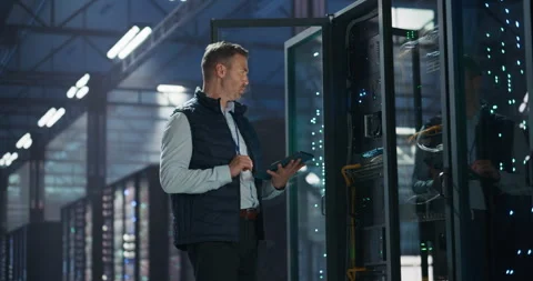 Data Center Engineer Using Tablet Computer Stock Footage 320000804