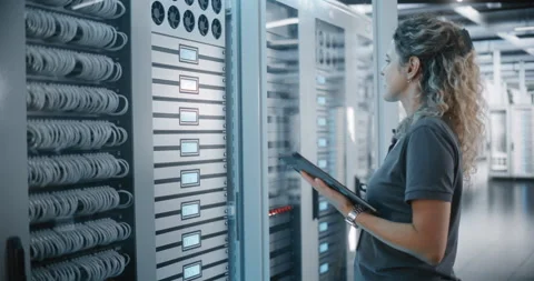Data Center Engineer Using Tablet While Adjusting Server Cabinet Controls Stock Footage 344954700