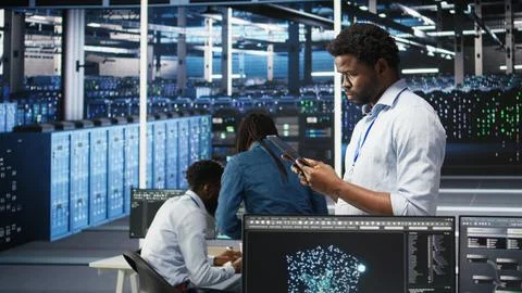 Data center engineer using tablet to interpret AI generated data analytics Stock Photos