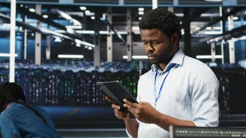 Data center engineer using tablet to interpret AI generated data analytics Stock Photos
