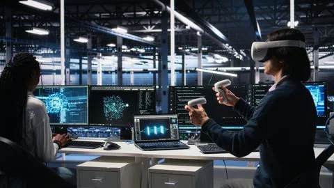 Data center engineer using virtual reality, working on neural networks 스톡 사진