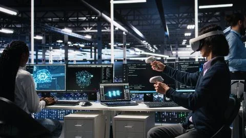 Data center engineer using virtual reality, managing AI systems Stock Photos