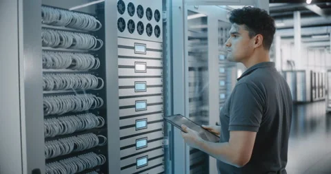 Data Center Engineer Verifying Server Equipment Information With Tablet And Stock Footage 344953833