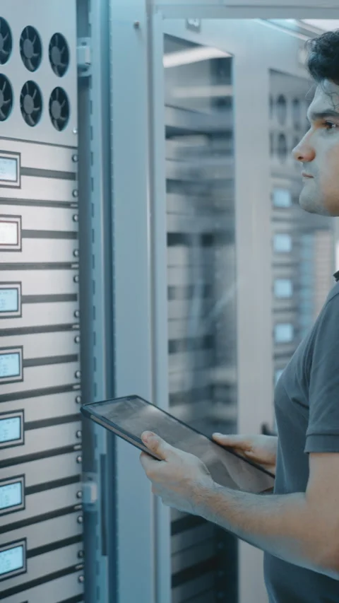 Data Center Engineer Verifying Server Equipment Information With Tablet And Stock Footage 344954412