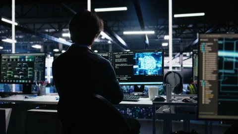Data center engineer working on artificial intelligence neural network Stock Footage 313634956