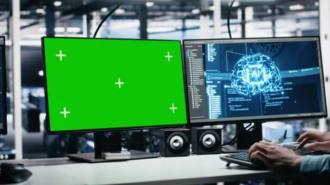 Data center engineer working on neural network on green screen PC Stock Footage 313636767