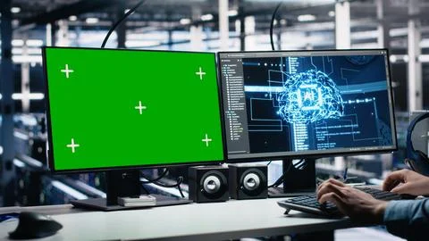 Data center engineer working on neural network on green screen PC Stockfoto's