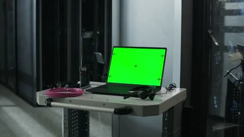 Data Center Engineer Workplace with Green Screen Laptop Stock Footage 330540601