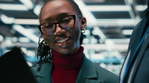 Data center engineering team brainstorming, using AR simulation Video stock 329720542