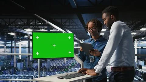 Data center engineering team coding on green screen PC, monitoring AI systems Stock Photos