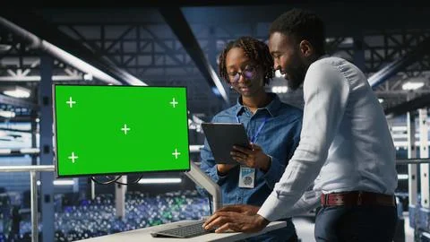 Data center engineering team coding on green screen PC, monitoring AI systems Foto stock