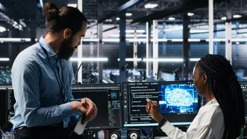 Data center engineering team collaborating on neural network development Stock Photos