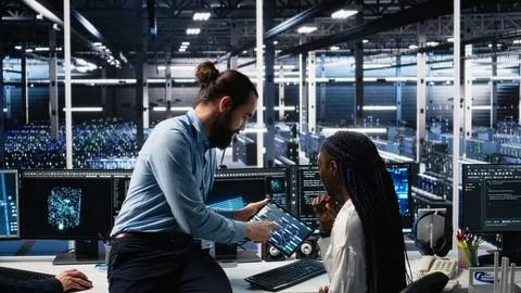 Data center engineering team collaborating on neural network development Stock Photos