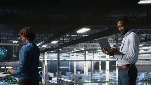 Data center engineering team on industrial platform collaborating Stock Photos