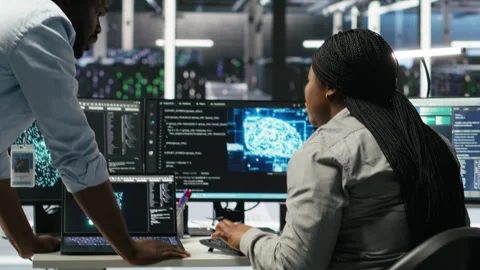 Data center engineering team uses artificial intelligence deep learning models Stock Footage 308045784