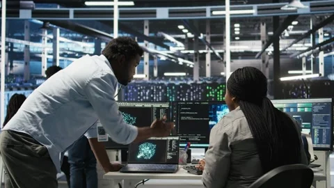 Data center engineering team uses artificial intelligence deep learning models Stock Footage 309122355