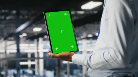 Data center engineers on industrial platform using isolated screen device Stock Photos