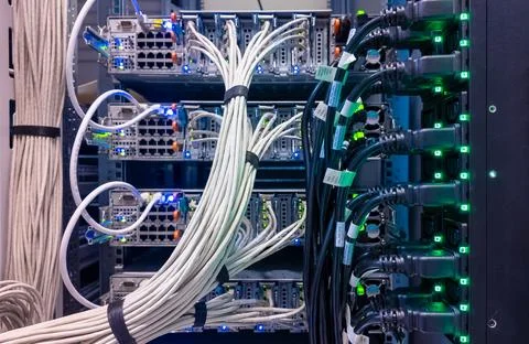 Data center equipment organized with multiple cables connected to servers and Stock-Fotos