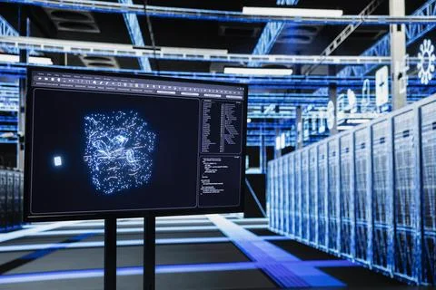 Data center equipment used for cloud computing monitored by AI assistant, VFX Stock Photos