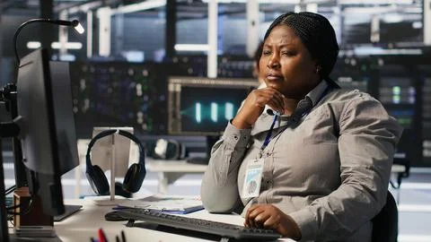 Data center expert doing software updates, verifying machine learning parameters Stock Photos