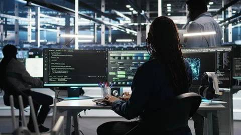Data center expert examines node tree interface, delivering technical support 動画素材 307043995