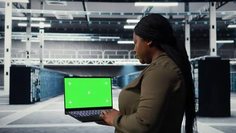 Data center expert monitors data center metrics on isolated screen laptop 스톡 사진