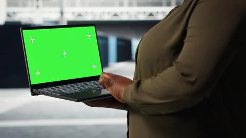 Data center expert monitors data center metrics on isolated screen laptop 스톡 사진