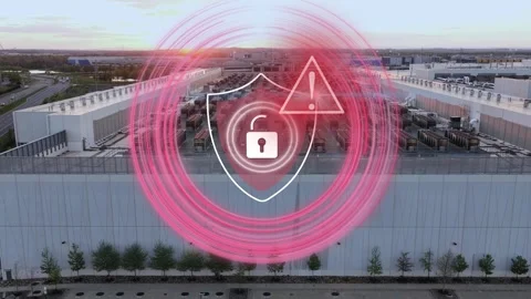 Data center facility with a digital overlay showing a security breach featuring Stock Footage 334997815