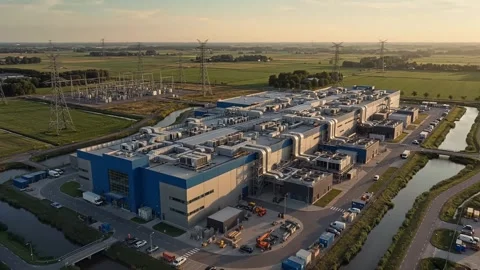 Data Center Facility Drone Footage Golden Hour. Video stock 343230165