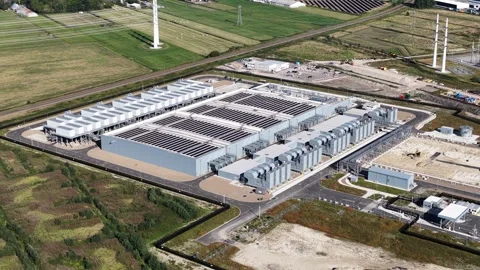 Data center facility with solar panels providing cloud computing infrastructure Stock Footage 344057681