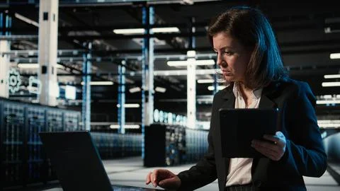 Data center female admin uses device and AR simulation to conduct security audit Stock Photos