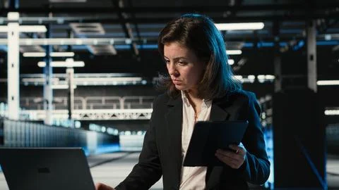 Data center female admin uses device and AR simulation to conduct security audit Stock Photos