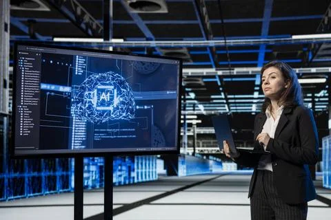 Data center female engineer using AI technology to do checkup on electronics 写真素材
