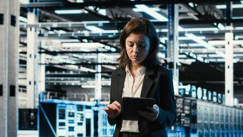 Data center female programmer creating digital twin scan to optimize servers Foto stock
