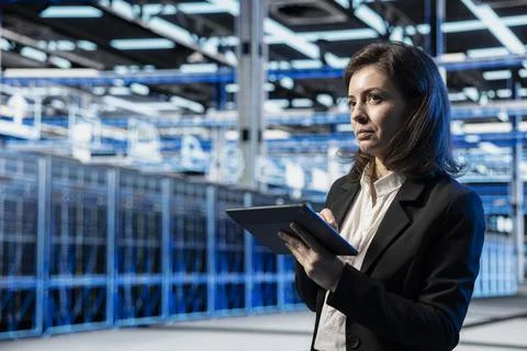 Data center female programmer doing digital twin scan of supercomputer Stock Photos