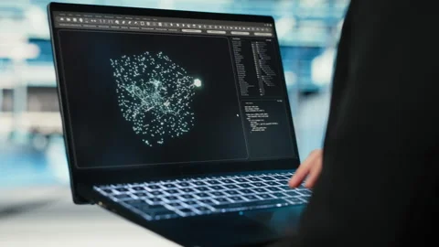 Data center female programmer using AI LLM model on laptop Stock-Footage 330100258