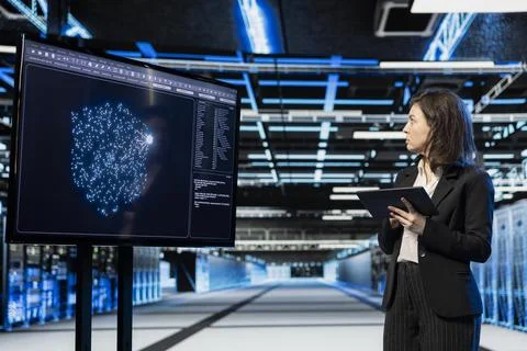 Data center female programmer using AI LLM assistant, VFX compositing Stock-Fotos