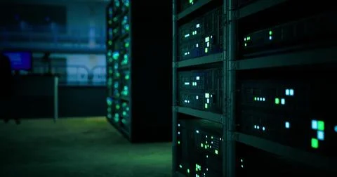 Data center filled with servers and glowing lights at nighttime 스톡 일러스트