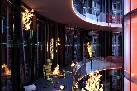 Data Center Fire Disaster with Robot 스톡 일러스트