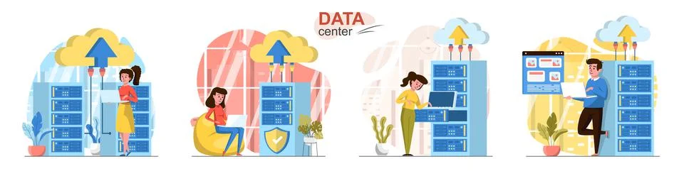 Data center flat design concept scenes set Stock Illustration
