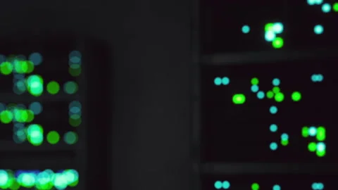 Data center with glowing servers in a dark environment at night Stock Footage 344998646