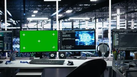 Data center green screen computers showing neural network visualization Fotos de archivo