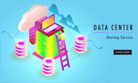 Data center hosting service responsive landing page or web template design,.. Stock Illustration