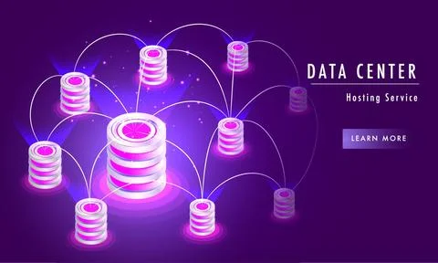 Data center hosting service responsive landing page with 3d isometric serve.. Stock Illustration