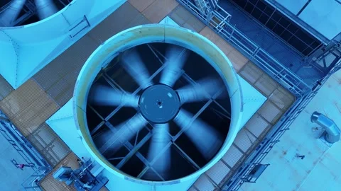 Data center HVAC cooling system with large industrial fans spinning on a Stock Footage 346654657