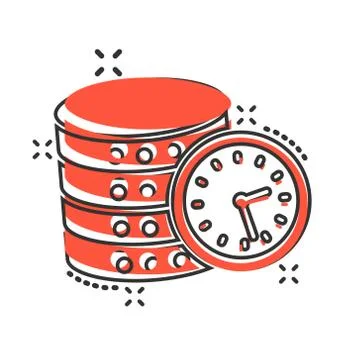 Data center icon in comic style. Clock vector cartoon illustration on white i Ilustración de archivo