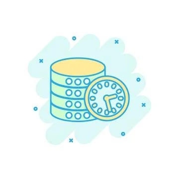 Data center icon in comic style. Clock vector cartoon illustration on white i Ilustración de archivo