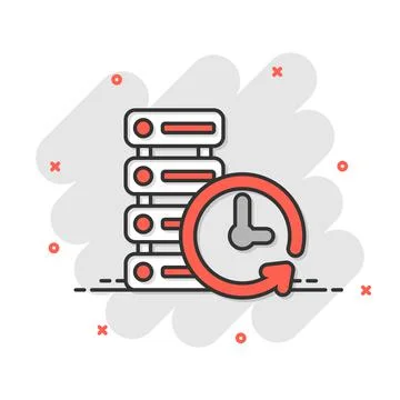 Data center icon in comic style. Clock vector cartoon illustration on white i Illustrazione stock