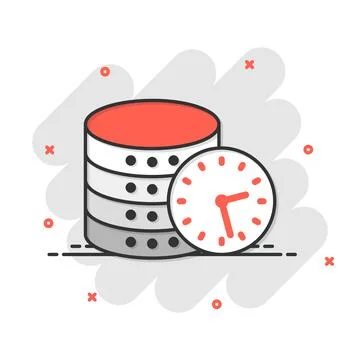 Data center icon in comic style. Clock vector cartoon illustration on white i Illustrazione stock