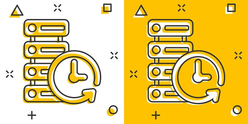 Data center icon in comic style. Clock vector cartoon illustration on white i Illustrazione stock